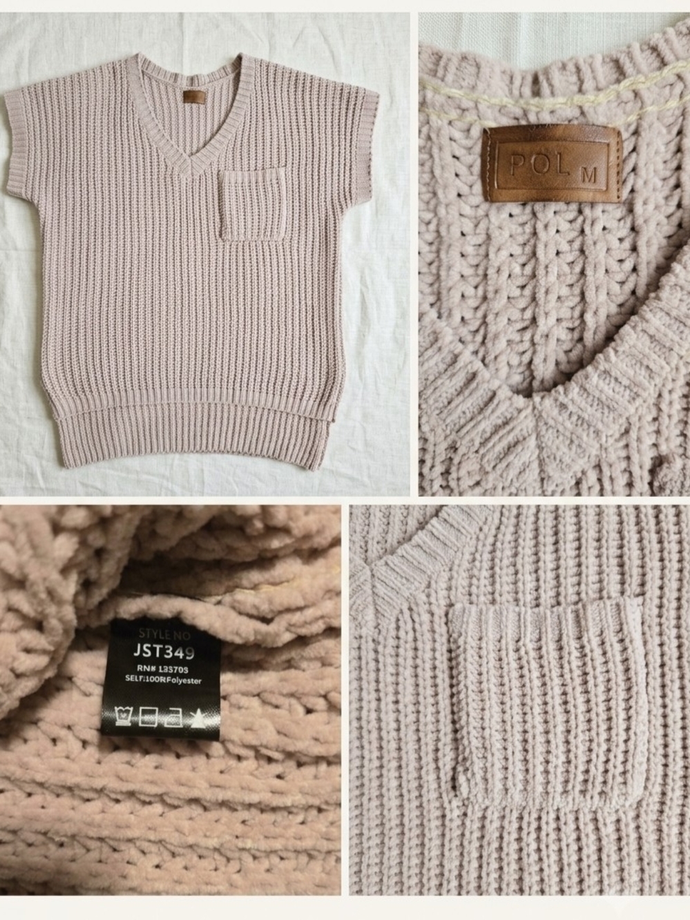 POL Oversized Women’s V-Neck Short Sleeve Knit Sweater - Light Taupe - Medium
